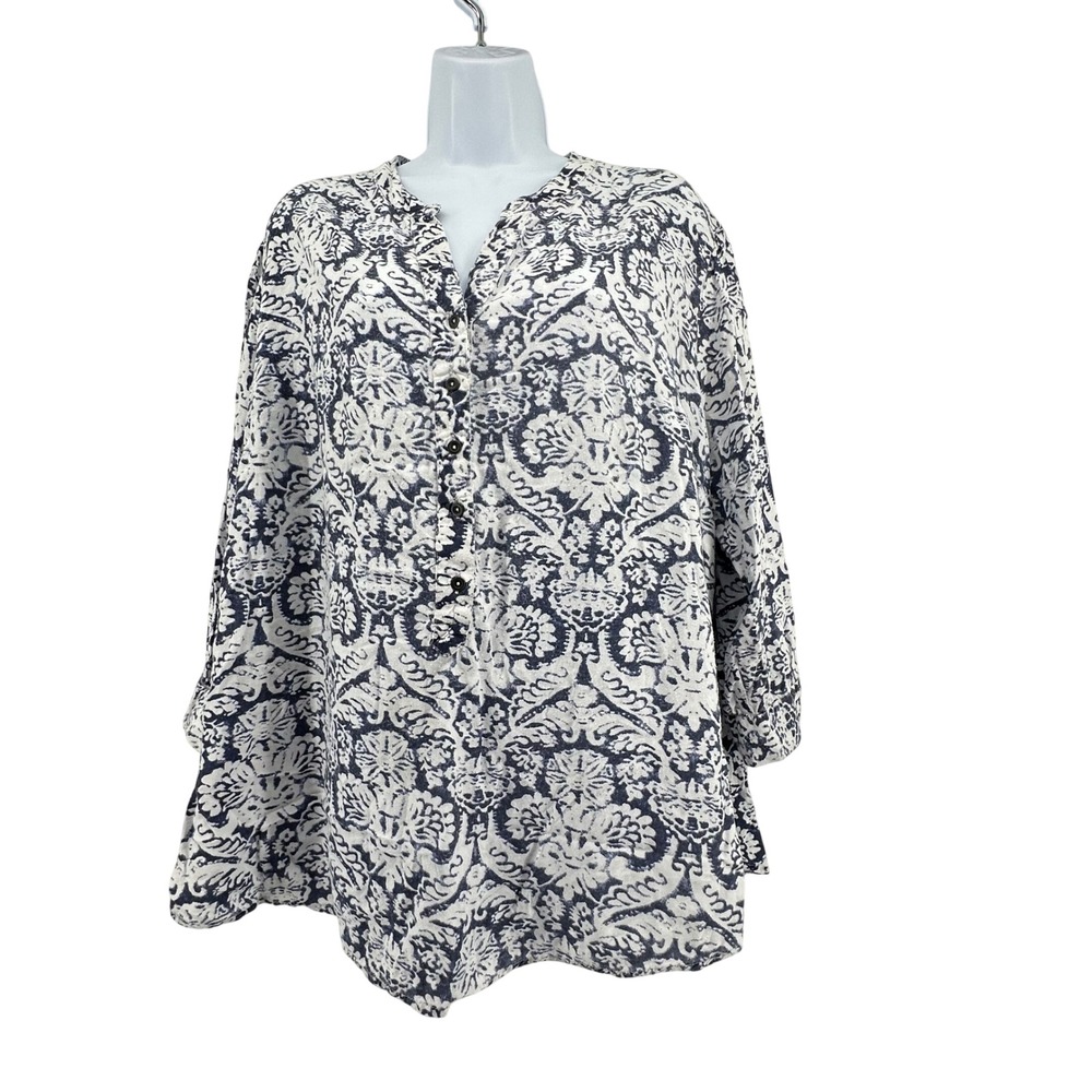 Antilia Femme Tunic Top Womens S Blue White 3/4 Adjustable Sleeve Boho Coastal